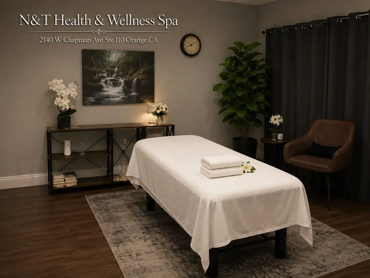 Private massage room with fresh towels at N&T Health & Wellness Spa in Orange CA