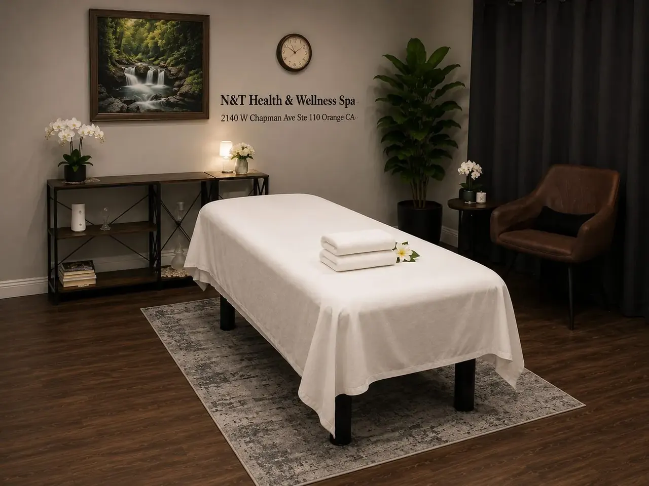 Quiet, comfortable massage room at N&T Health & Wellness Spa in Orange CA