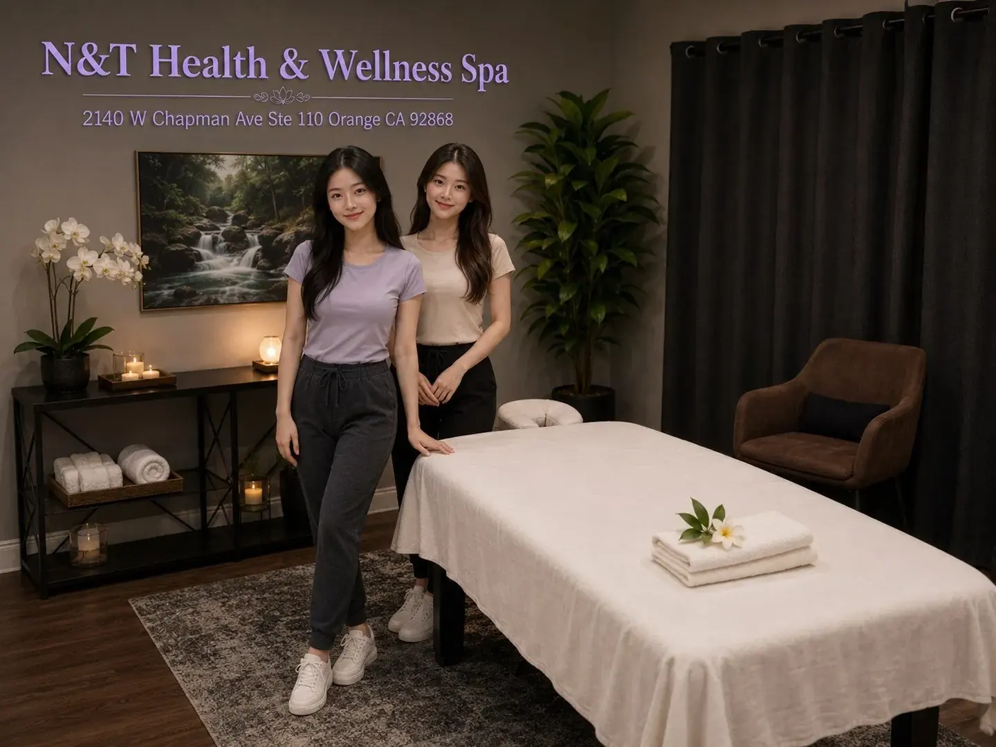 Friendly therapists in a clean, welcoming massage room at N&T Health & Wellness Spa in Orange CA