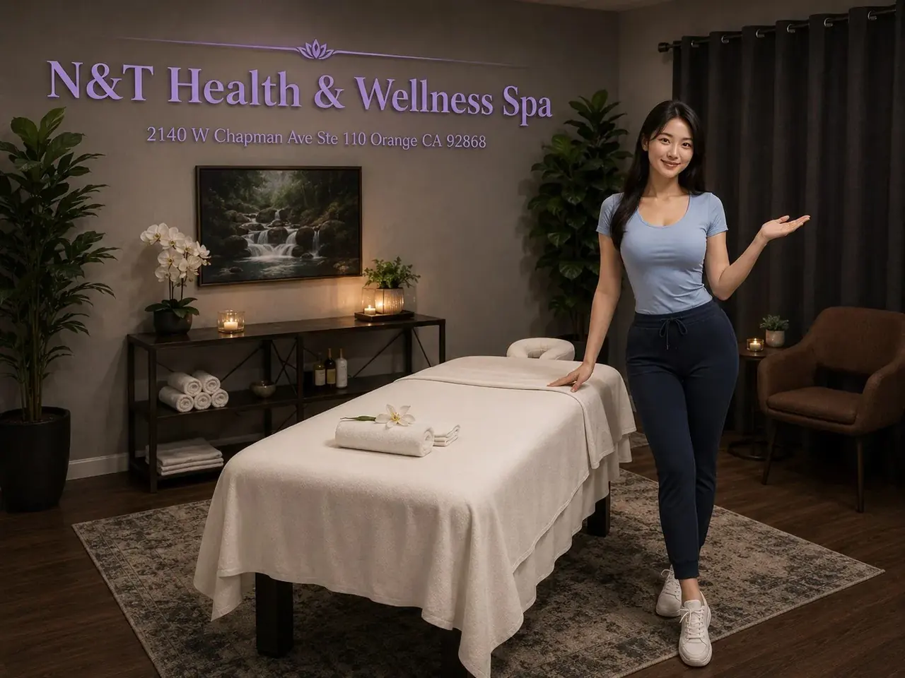 Clean private massage room with warm lighting at N&T Health & Wellness Spa in Orange CA